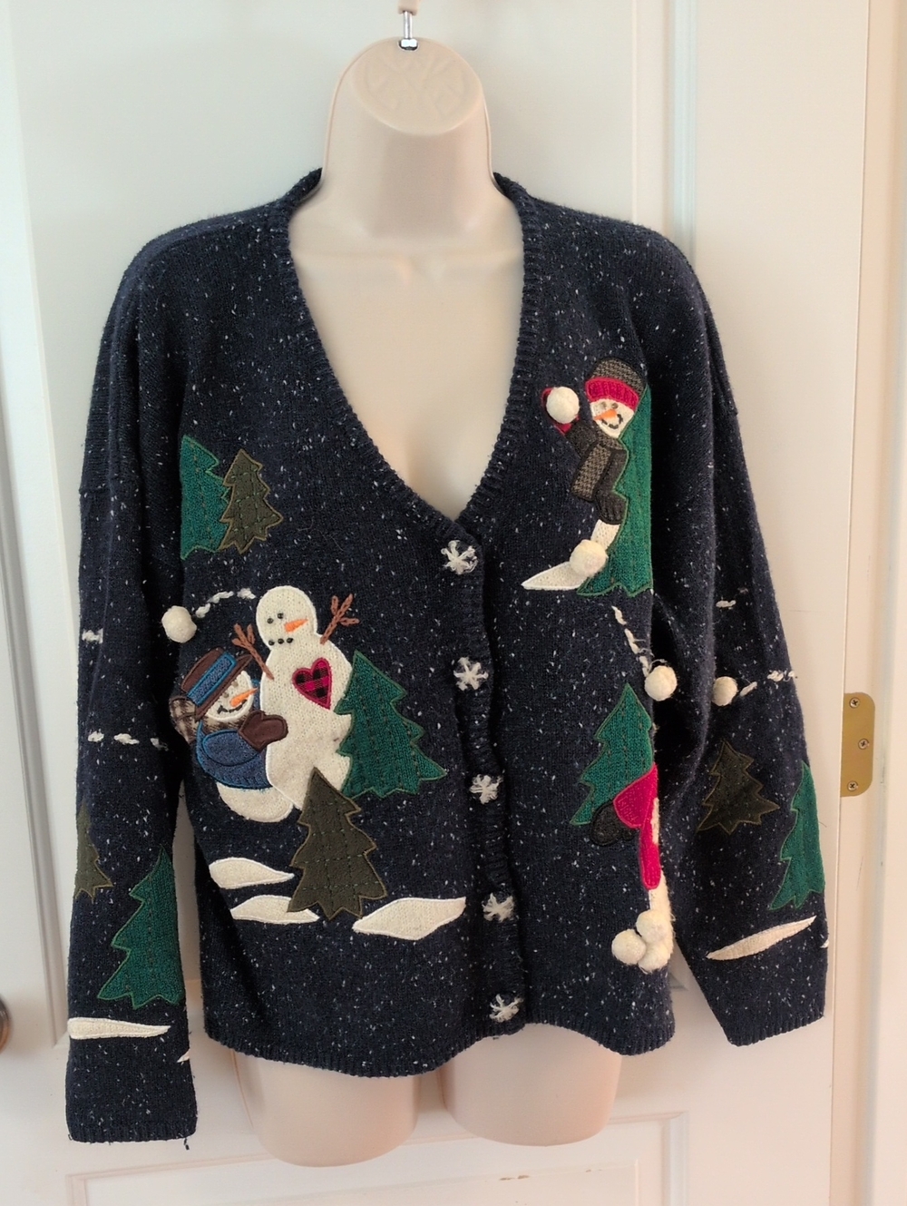 Vintage PBJ Sport Snowman Snowball Fight Christmas Cardigan Sweater